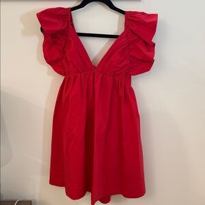 Day and Moon Red Ruffle Tie Back Poplin Dress